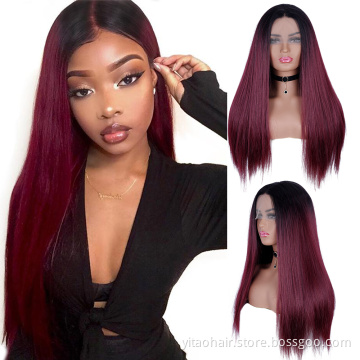 Black roots Burgundy color Lace Front Wig Heat Resist Fiber Silk Straight Hair Wig synthetic full lace wigs with baby hair